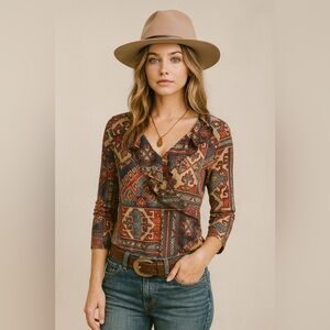 Chaps Western Aztec Mesh V-Neck Ruffle Collar Top Size Large